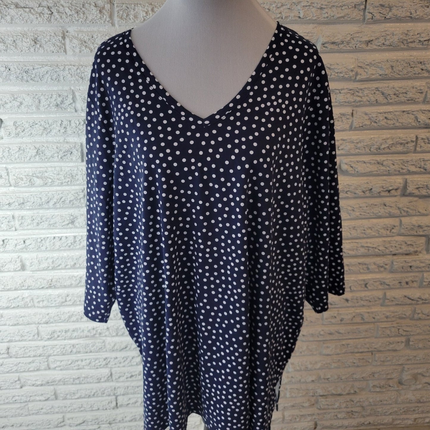 Woman Within Plus Size 2X Blue White Polka Dot Blouse 3/4 Sleeve V-Neck Cotton