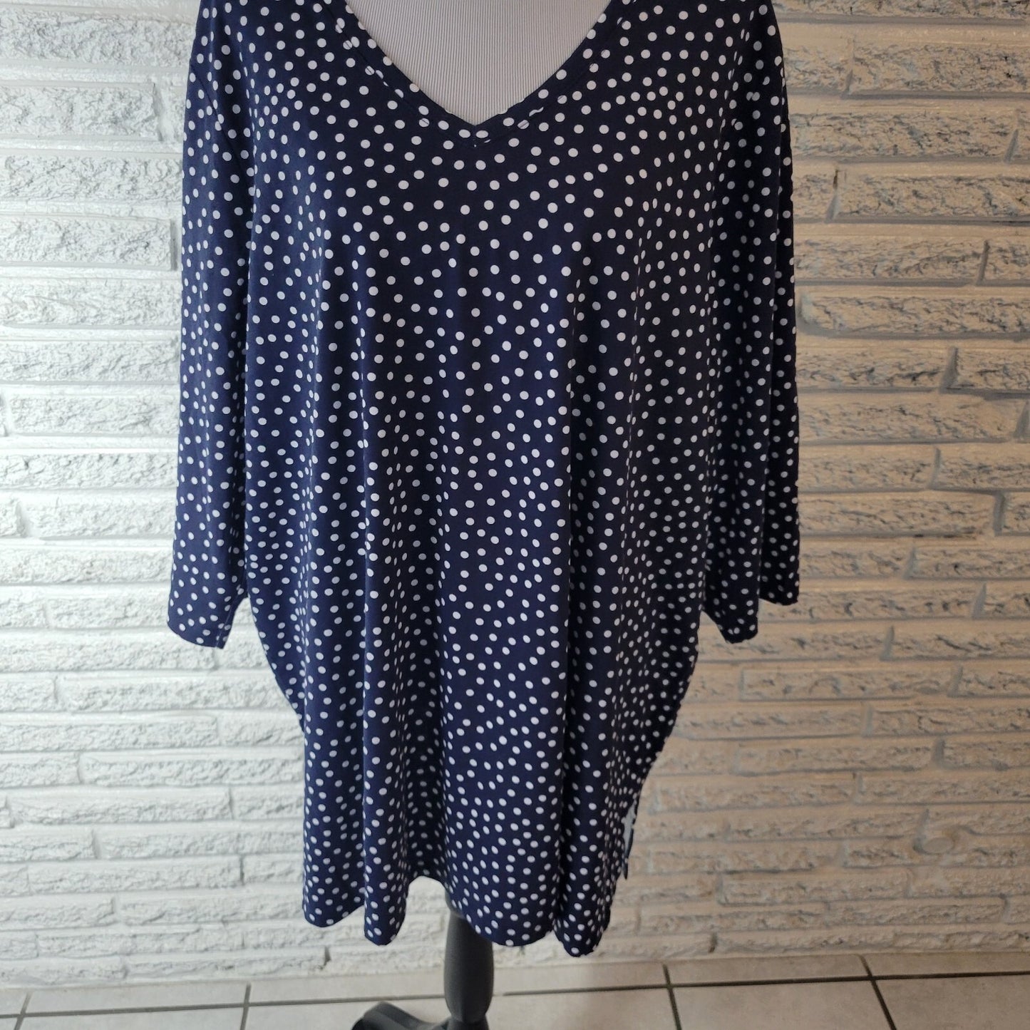 Woman Within Plus Size 2X Blue White Polka Dot Blouse 3/4 Sleeve V-Neck Cotton