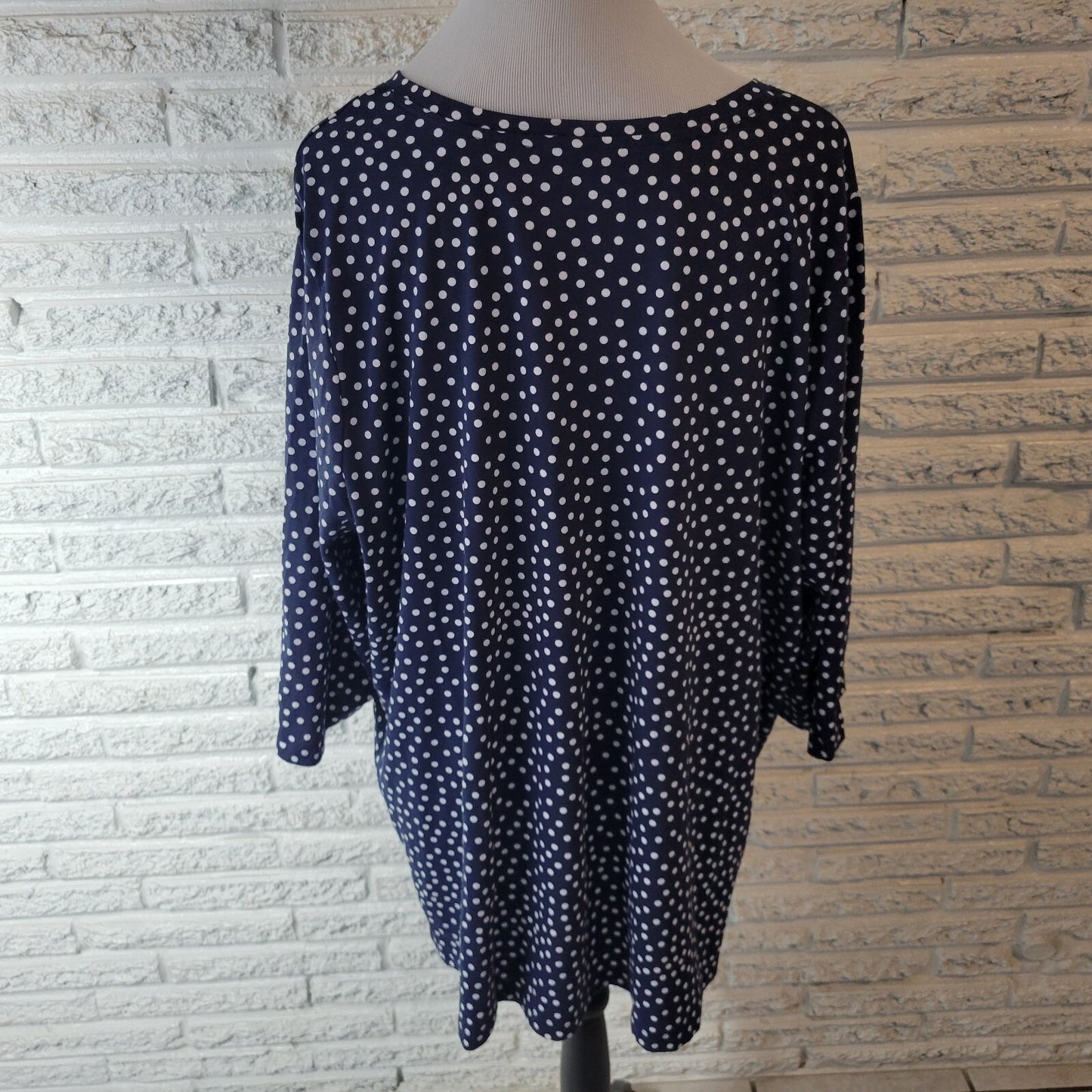 Woman Within Plus Size 2X Blue White Polka Dot Blouse 3/4 Sleeve V-Neck Cotton