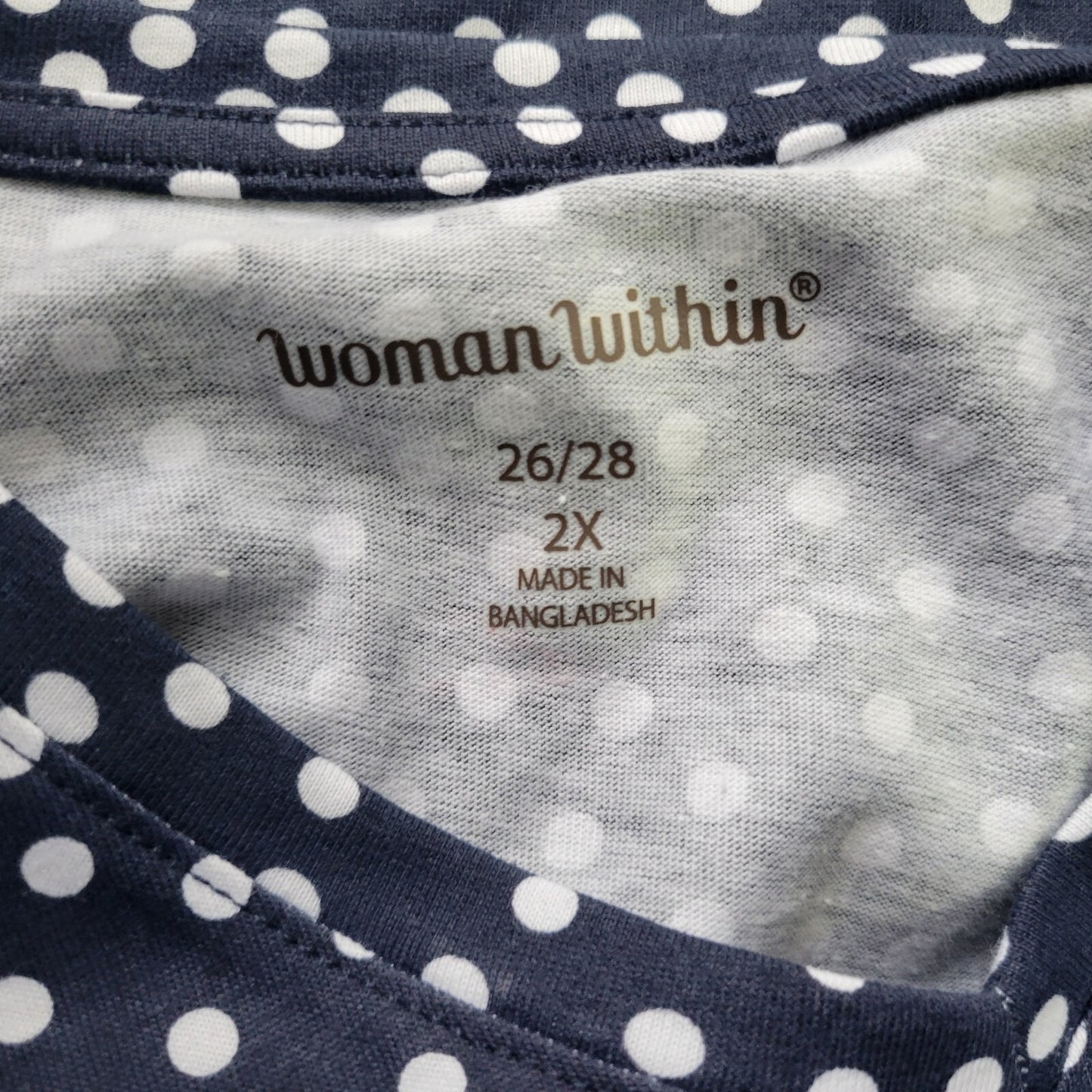 Woman Within Plus Size 2X Blue White Polka Dot Blouse 3/4 Sleeve V-Neck Cotton