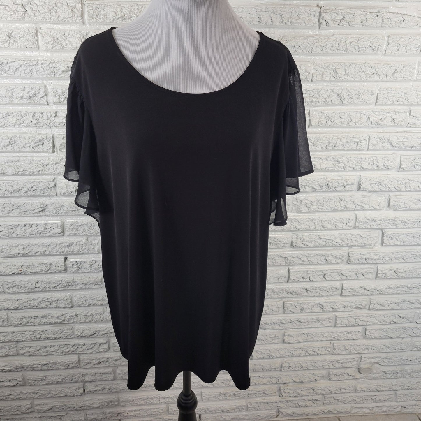 Calvin Klein Womens Top 2X Plus Sheer Flutter Sleeve Black Poly Blend Office