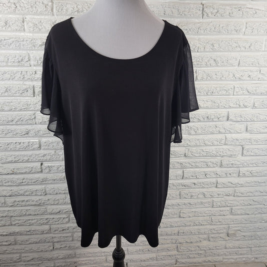 Calvin Klein Womens Top 2X Plus Sheer Flutter Sleeve Black Poly Blend Office
