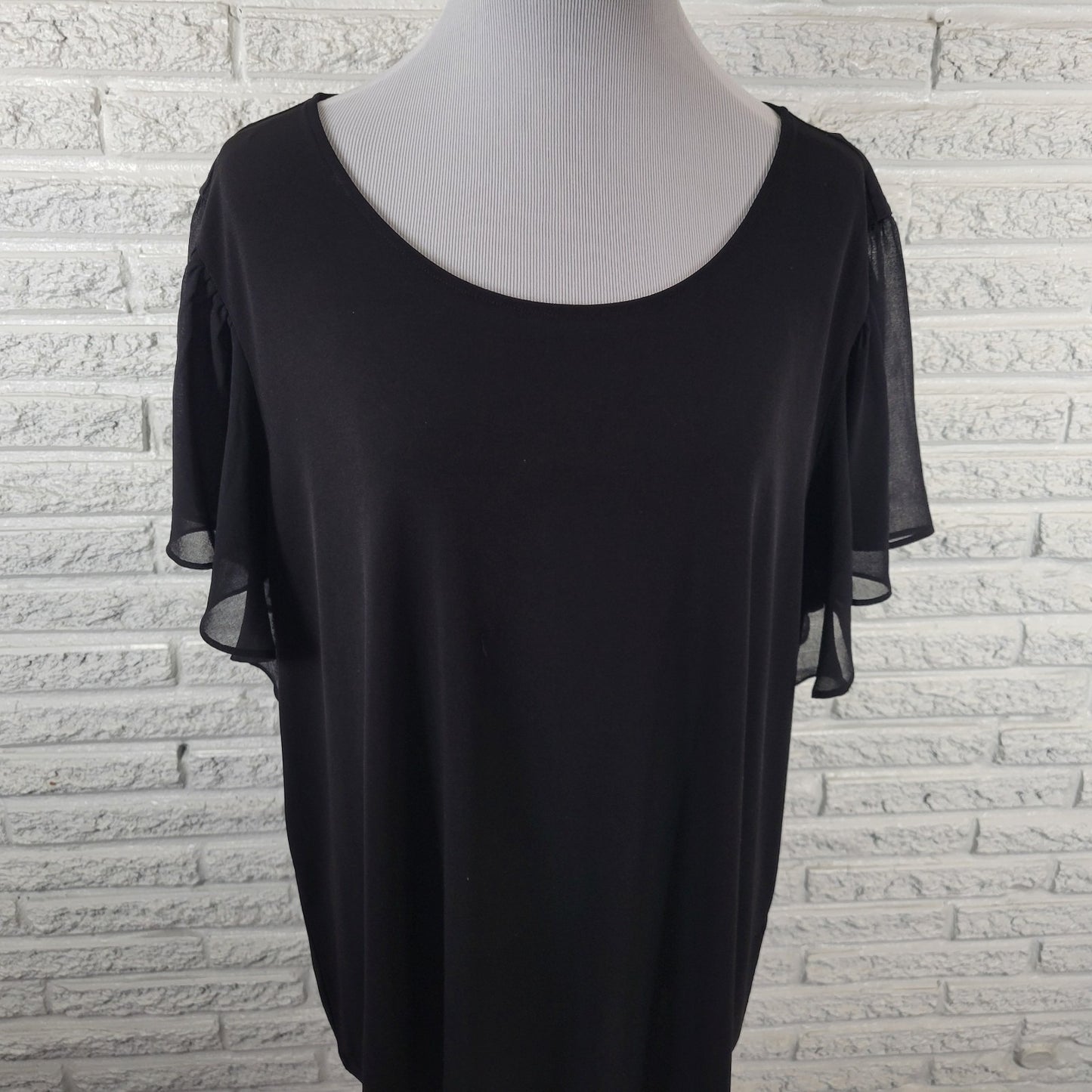 Calvin Klein Womens Top 2X Plus Sheer Flutter Sleeve Black Poly Blend Office
