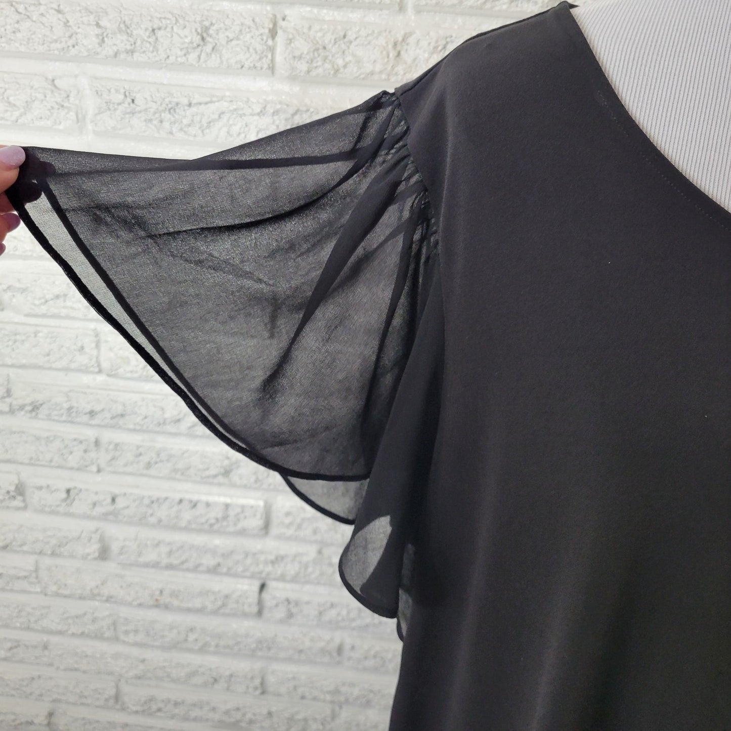 Calvin Klein Womens Top 2X Plus Sheer Flutter Sleeve Black Poly Blend Office