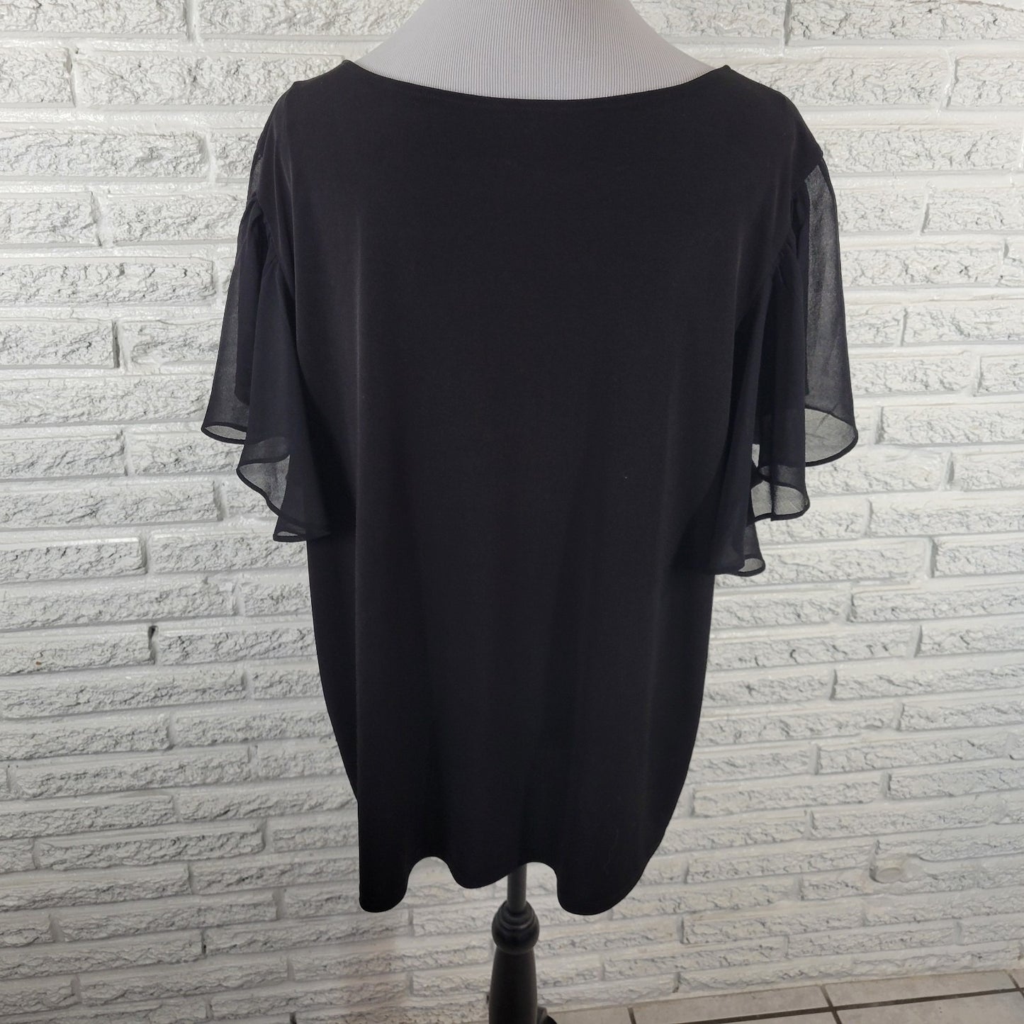 Calvin Klein Womens Top 2X Plus Sheer Flutter Sleeve Black Poly Blend Office