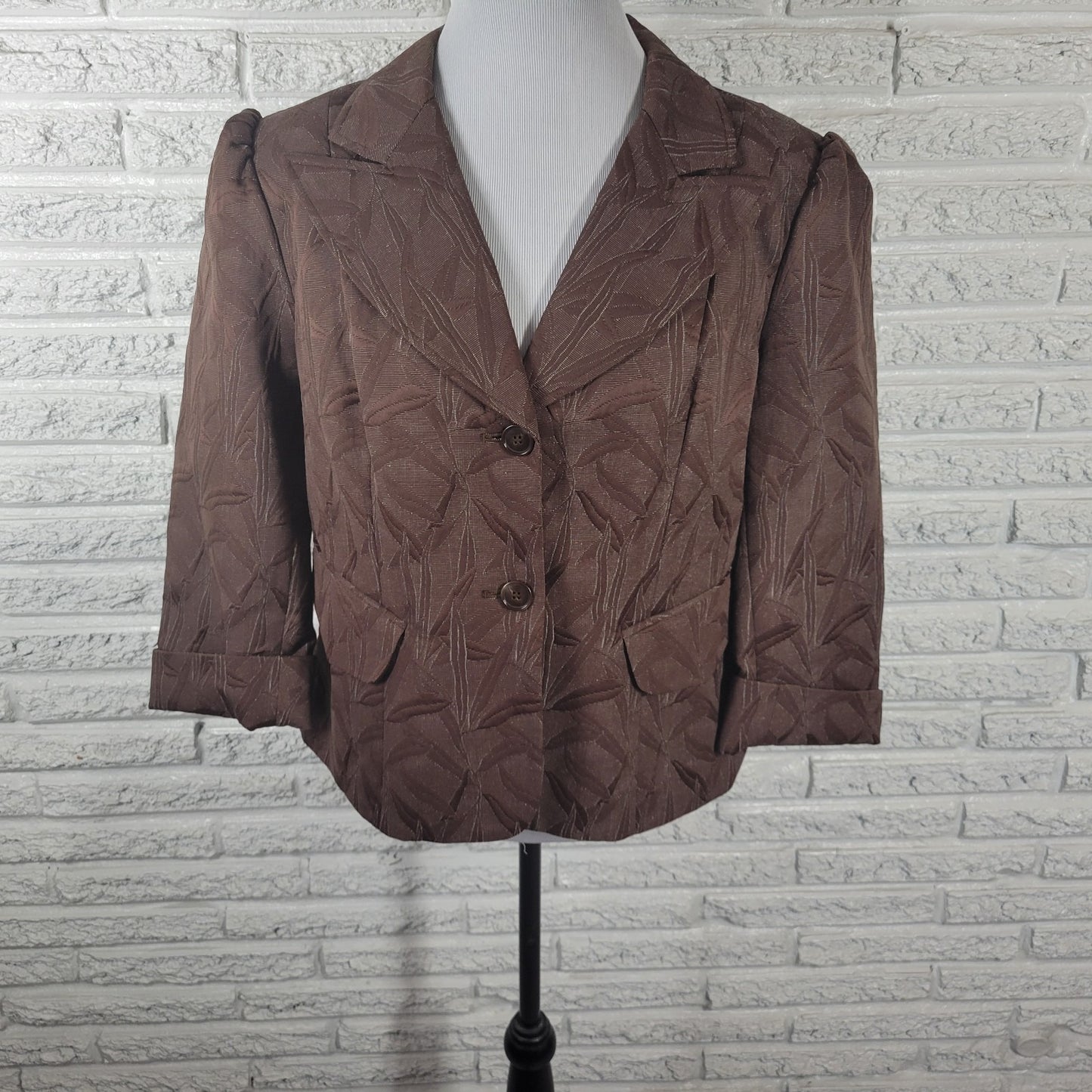 Worthington Plus Size 18 Brown Floral Blazer Jacket Cropped 3/4 Cuffed Sleeves