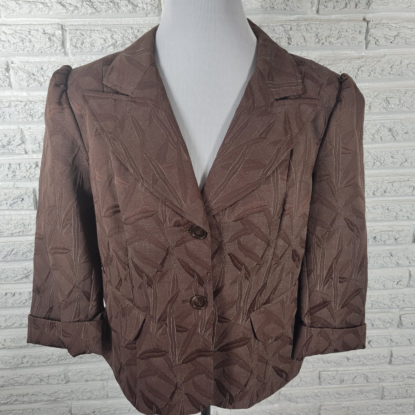 Worthington Plus Size 18 Brown Floral Blazer Jacket Cropped 3/4 Cuffed Sleeves