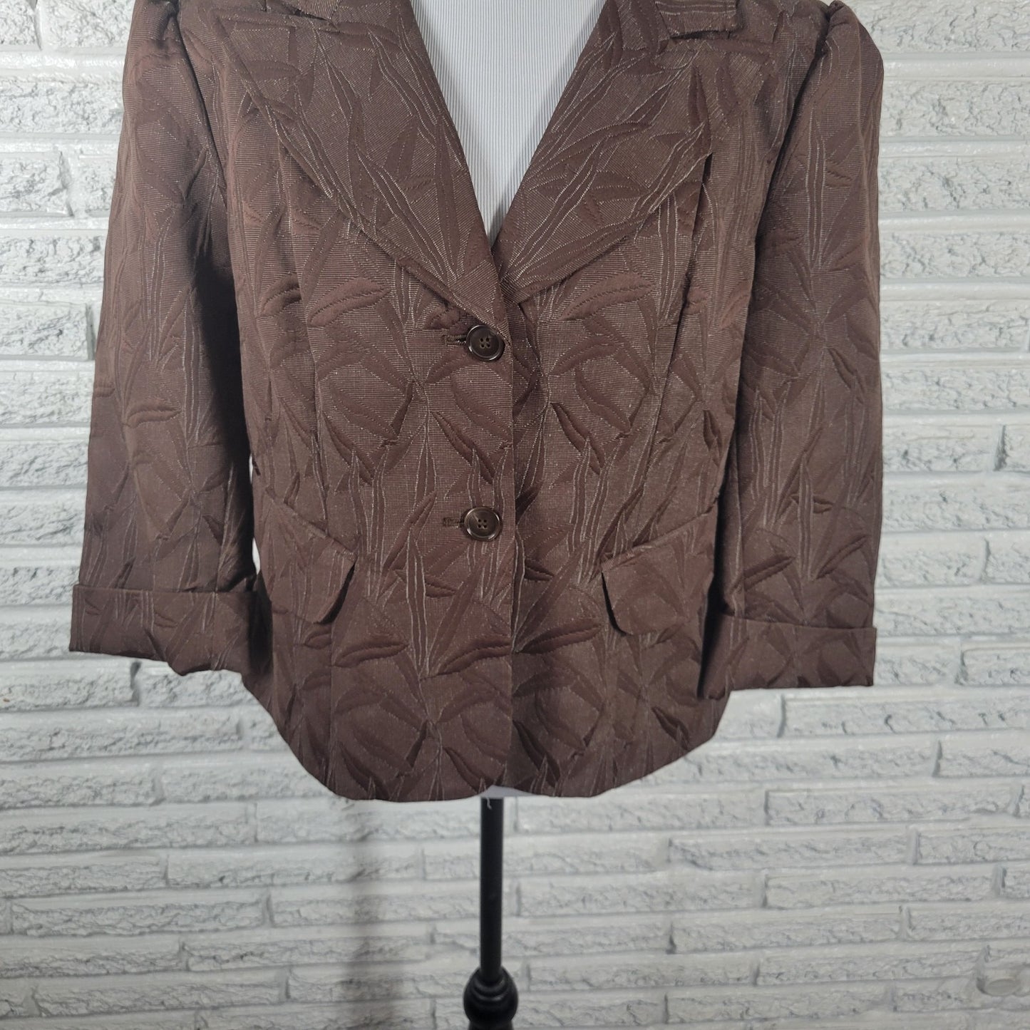 Worthington Plus Size 18 Brown Floral Blazer Jacket Cropped 3/4 Cuffed Sleeves