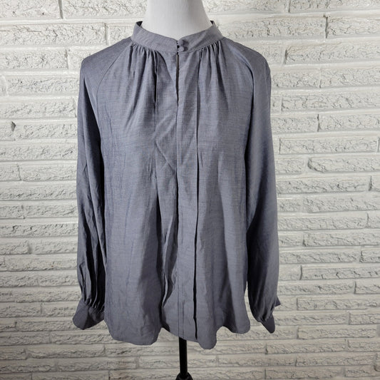 Liz Claiborne Womens Top XL Long Sleeve Gray Pleated Keyhole Lightweight Office