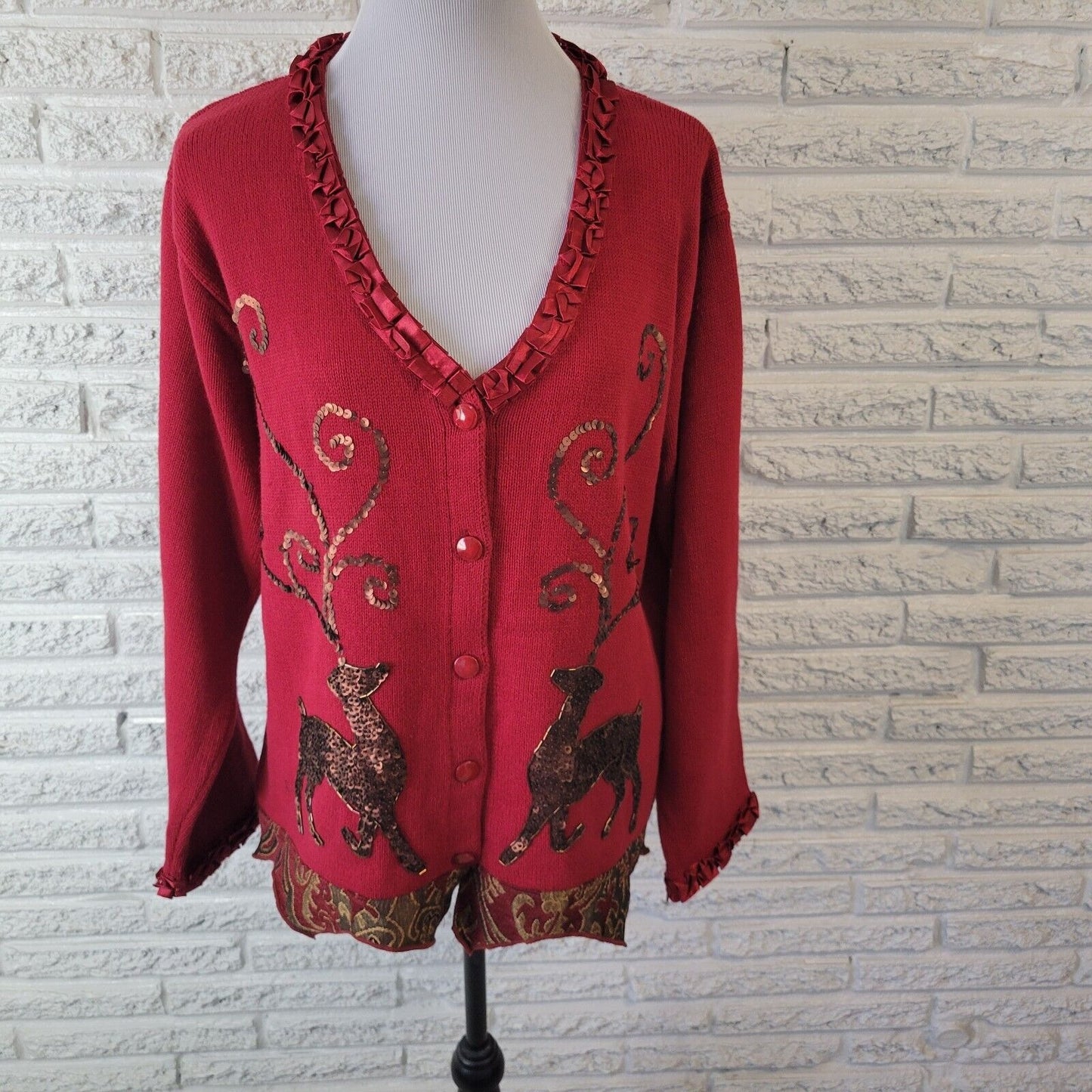 Christmas JTwo New York Womens Sweater XL Cardigan Red Reindeer Sequins Tapestry