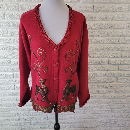 Christmas JTwo New York Womens Sweater XL Cardigan Red Reindeer Sequins Tapestry