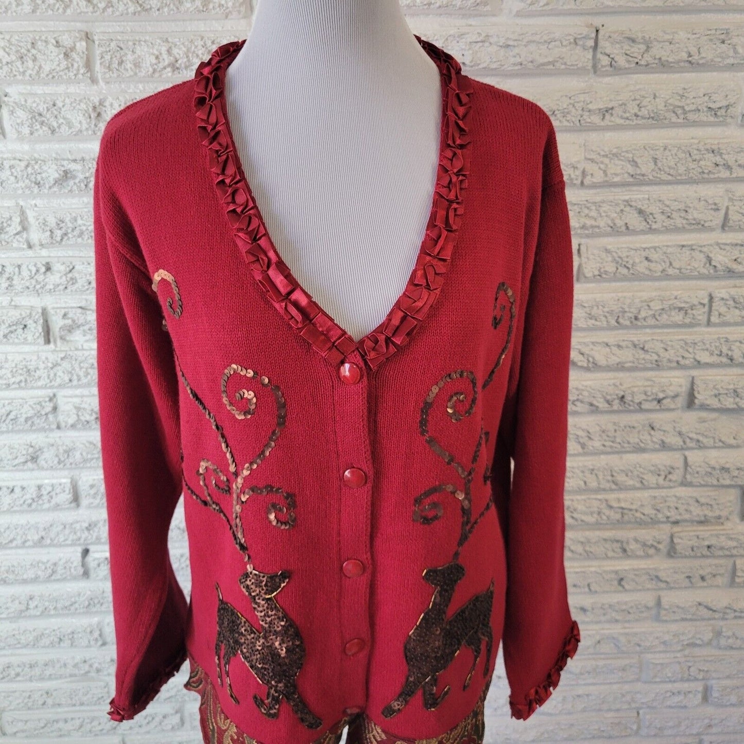 Christmas JTwo New York Womens Sweater XL Cardigan Red Reindeer Sequins Tapestry