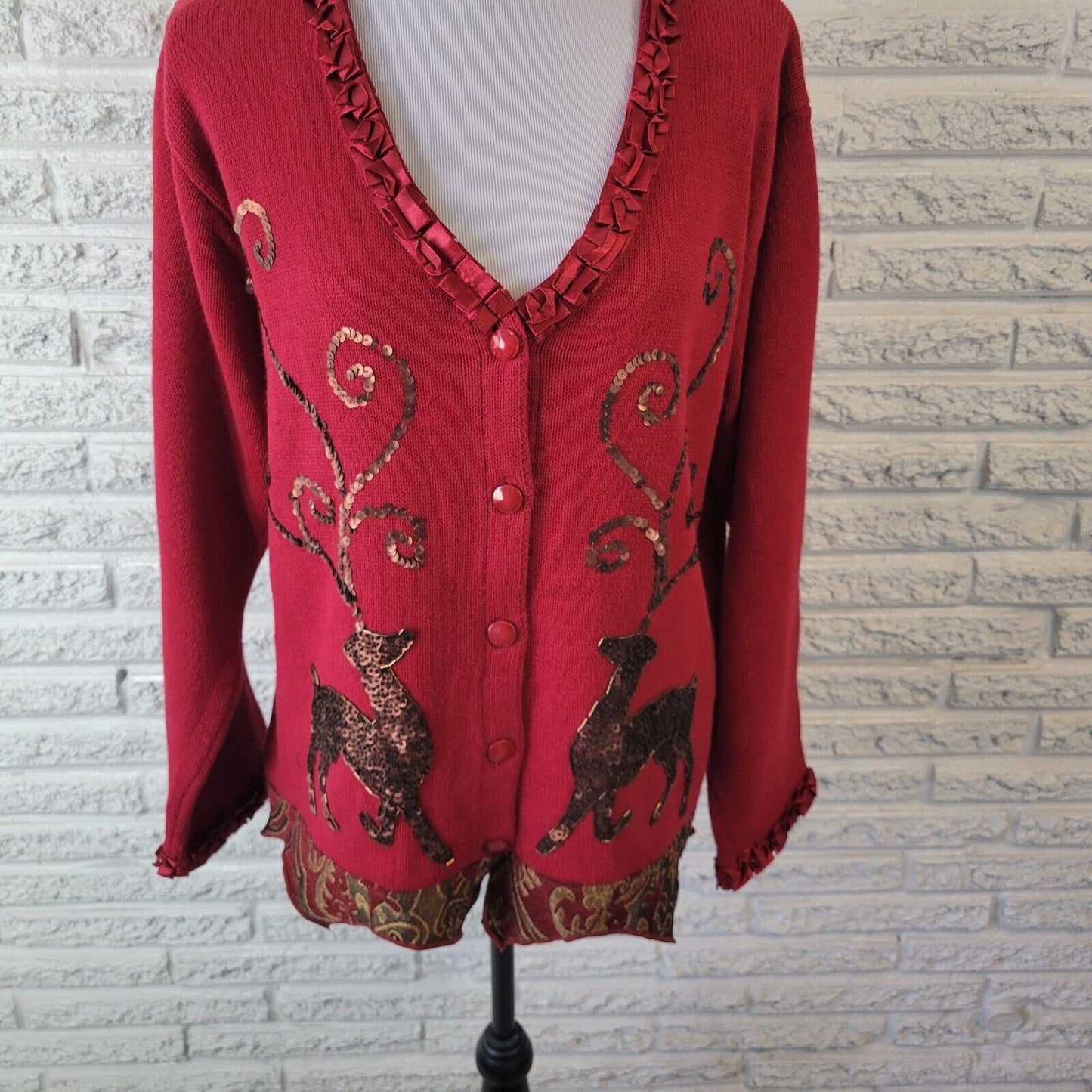Christmas JTwo New York Womens Sweater XL Cardigan Red Reindeer Sequins Tapestry