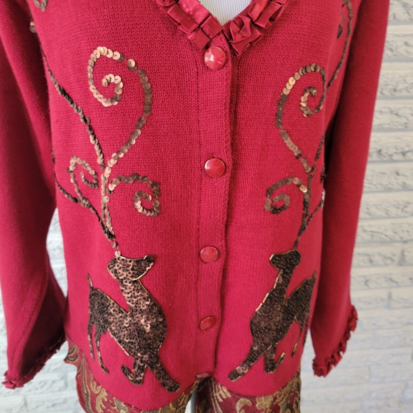 Christmas JTwo New York Womens Sweater XL Cardigan Red Reindeer Sequins Tapestry
