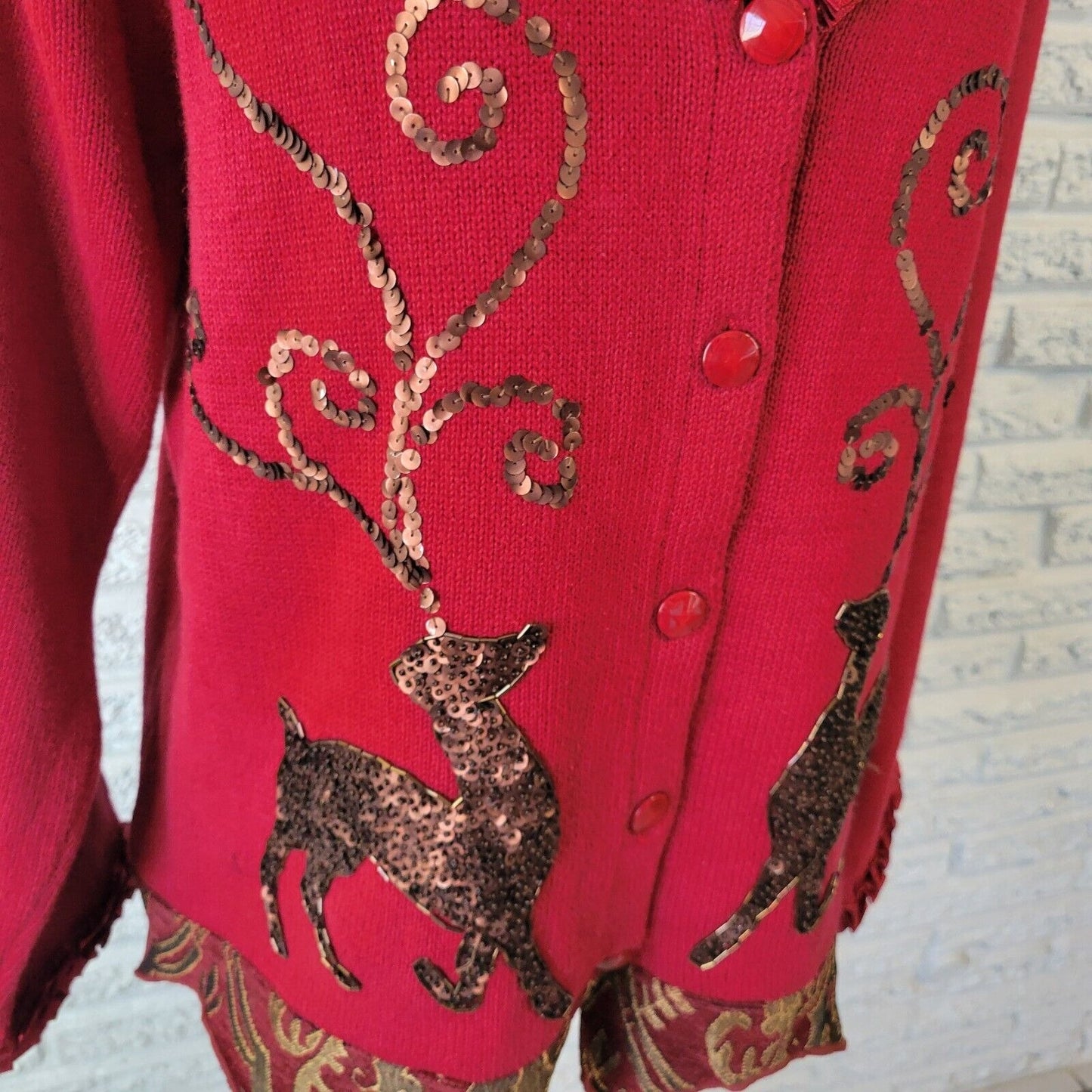 Christmas JTwo New York Womens Sweater XL Cardigan Red Reindeer Sequins Tapestry