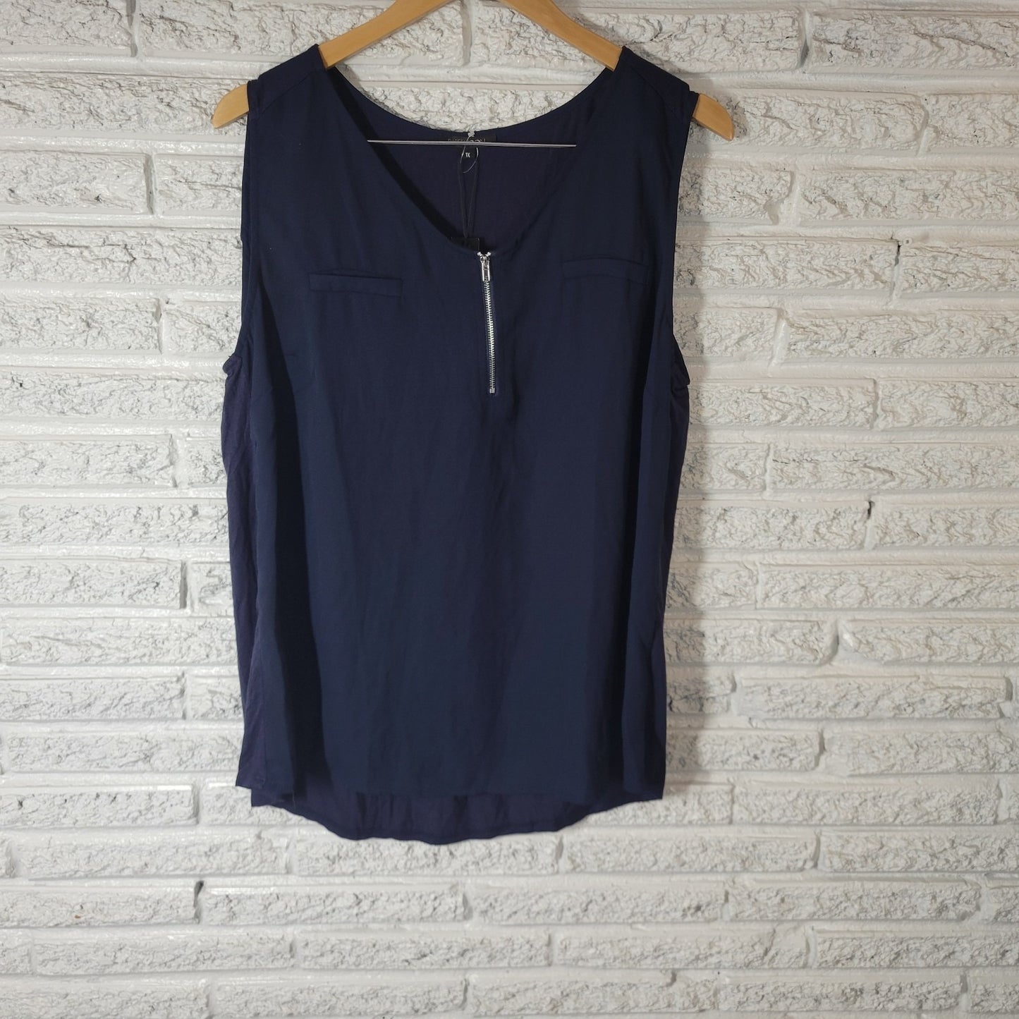Papermoon Womens Top 1X Plus Quarter Zip Blue Sleeveless Lightweight Sheer Comfy