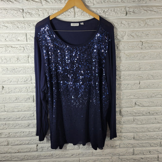 Joan Rivers Womens Top 3X Plus Tunic Blue Sequins Lined Party Career Sparkle