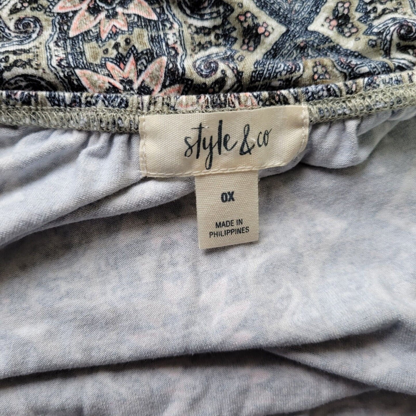 Style Co Womens Top 0X 3/4 Bell Sleeve On Off Shoulder Green Pink Lightweight