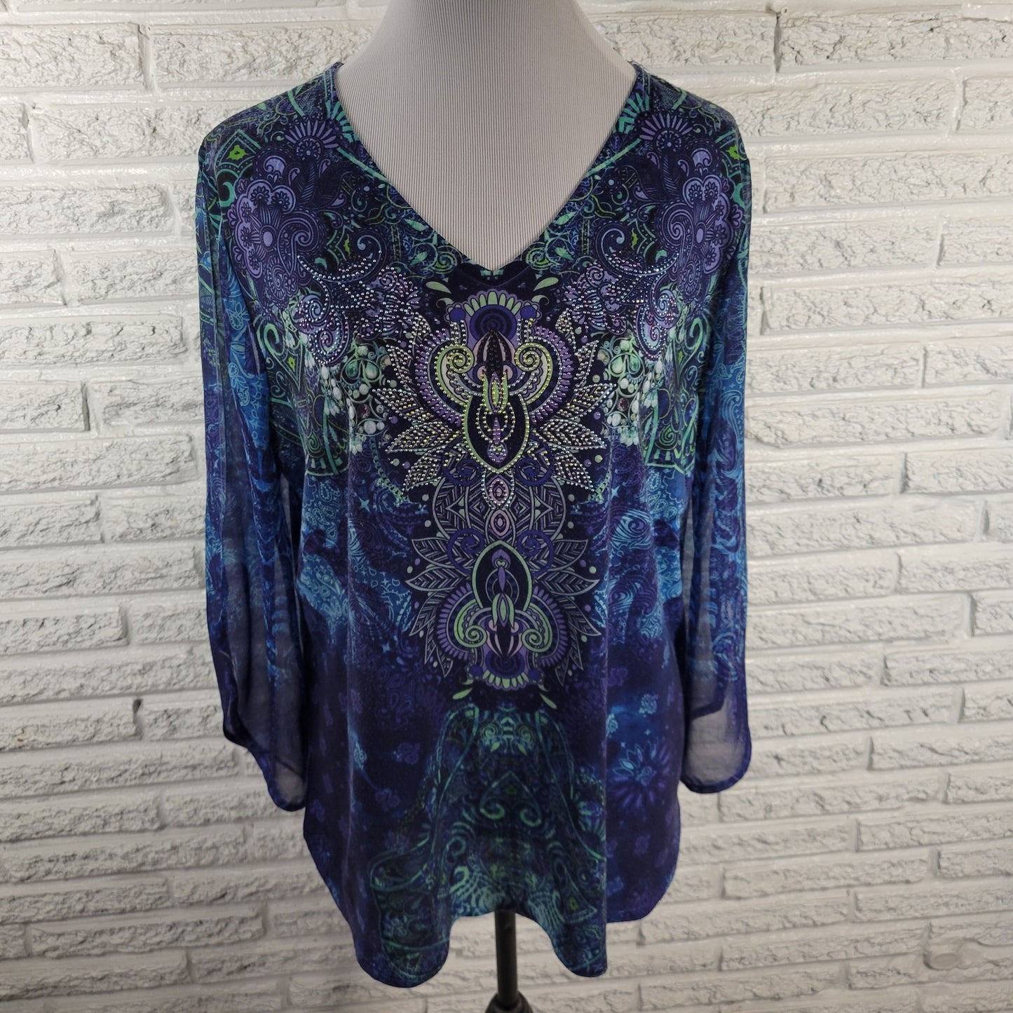 Chico's XL Top Blouse Sheer Trumpet Sleeve Blue Geometric Studded GEO163XE