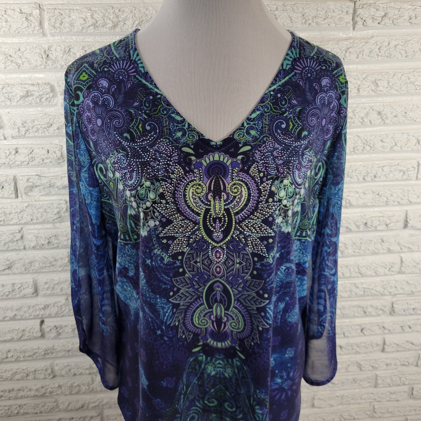 Chico's XL Top Blouse Sheer Trumpet Sleeve Blue Geometric Studded GEO163XE