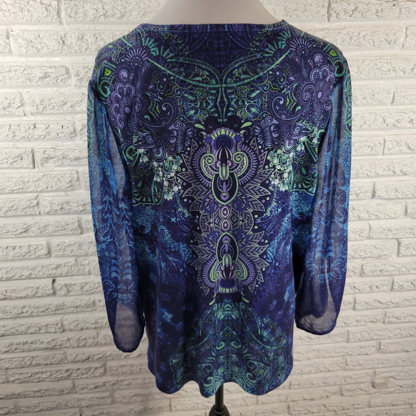 Chico's XL Top Blouse Sheer Trumpet Sleeve Blue Geometric Studded GEO163XE