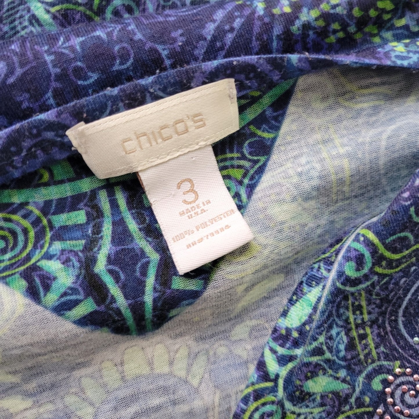 Chico's XL Top Blouse Sheer Trumpet Sleeve Blue Geometric Studded GEO163XE