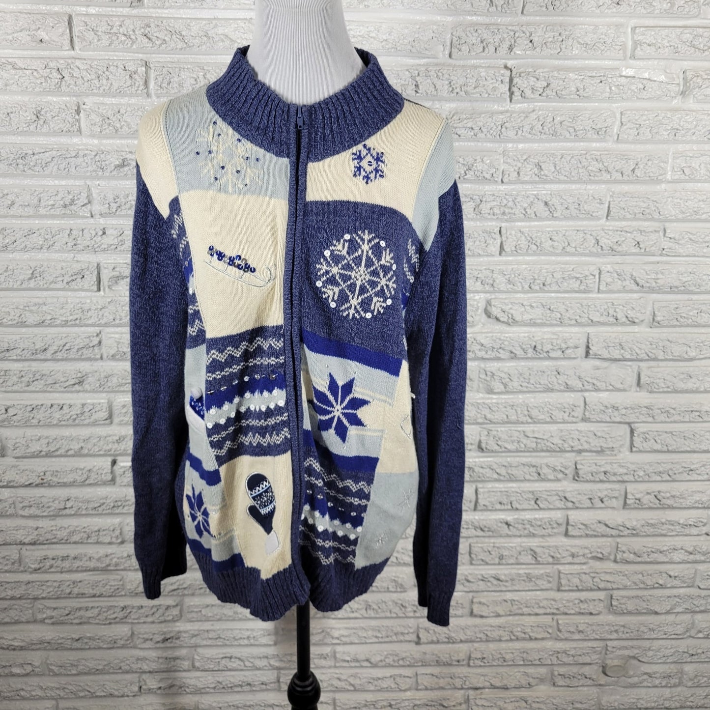 Classic Elements Womens Sweater XL Cardigan Snowflake Blue Beaded Sequins Winter
