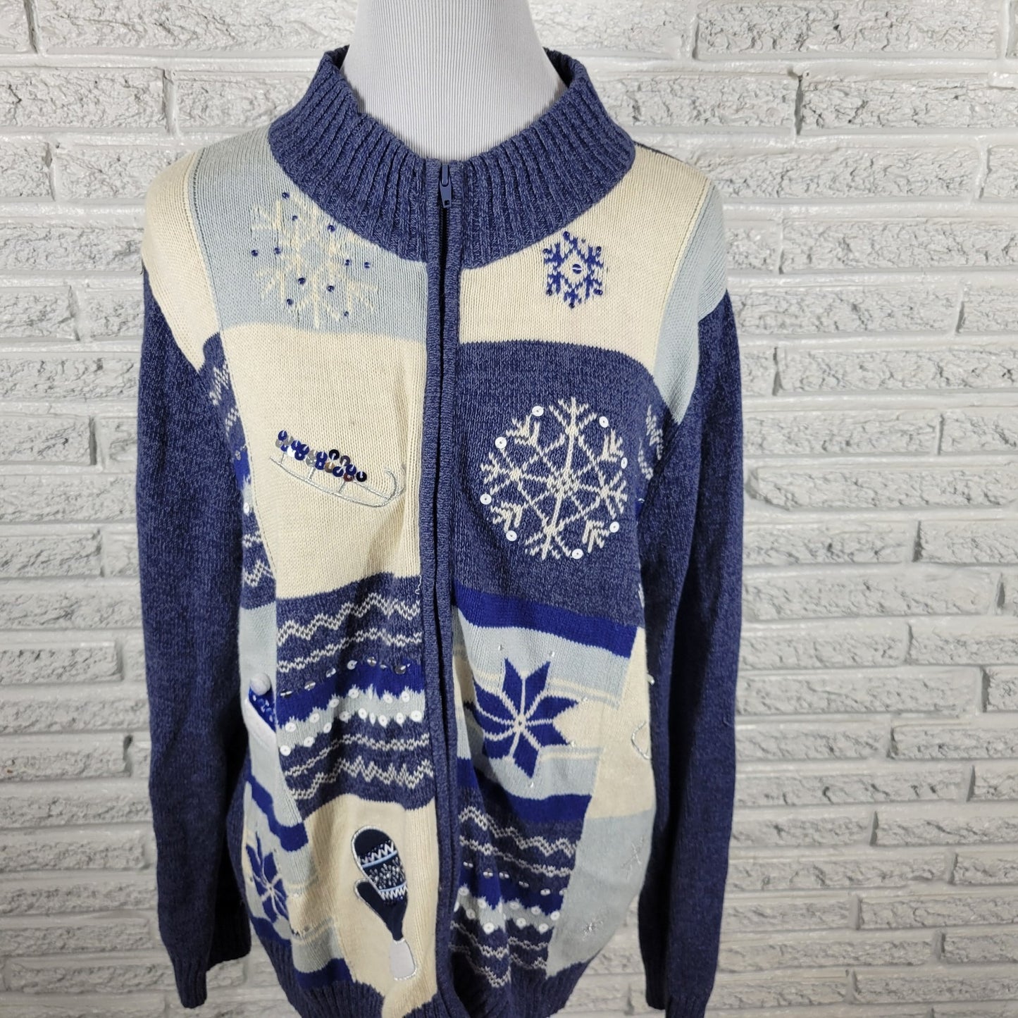 Classic Elements Womens Sweater XL Cardigan Snowflake Blue Beaded Sequins Winter