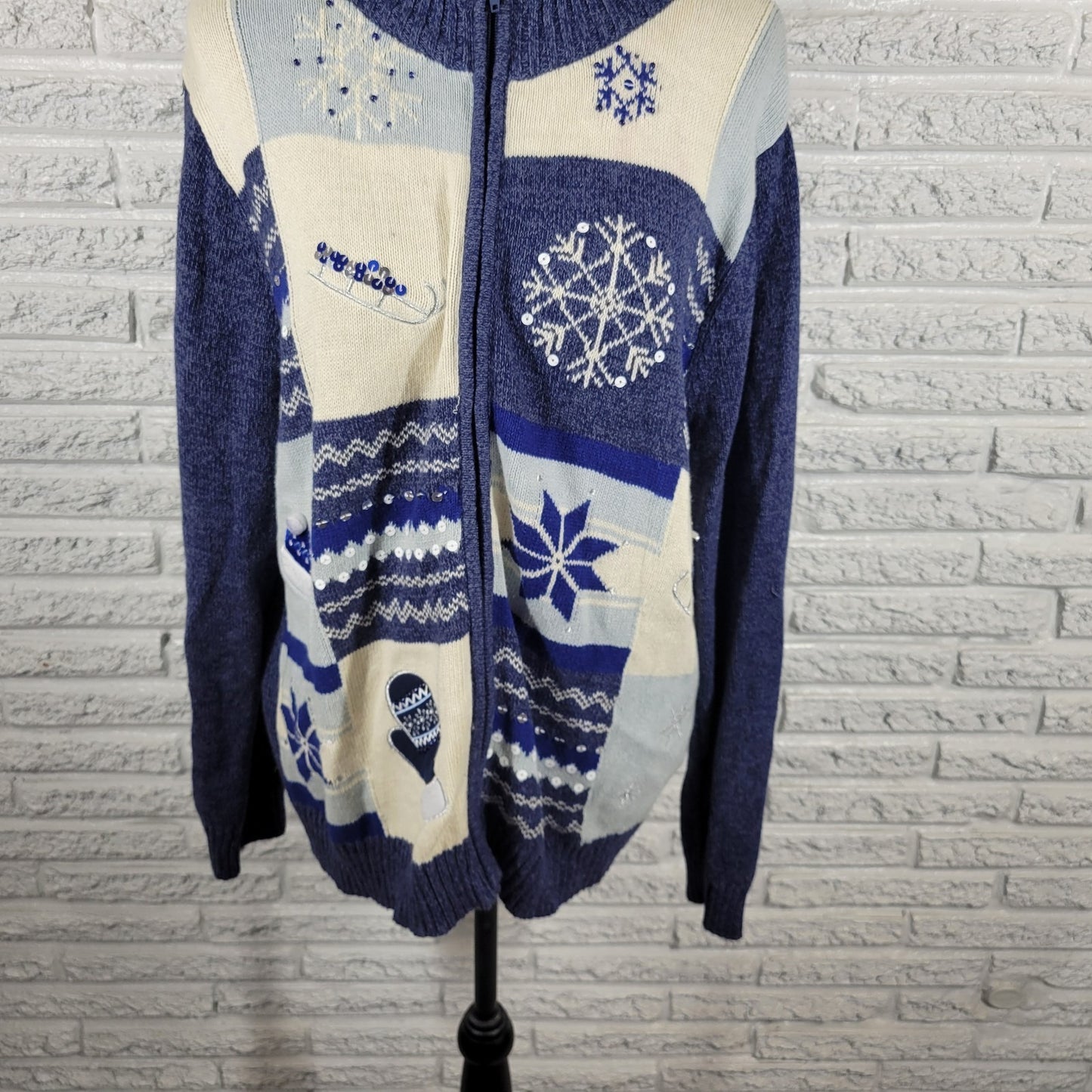Classic Elements Womens Sweater XL Cardigan Snowflake Blue Beaded Sequins Winter