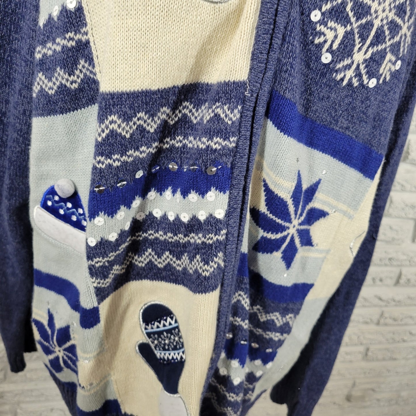 Classic Elements Womens Sweater XL Cardigan Snowflake Blue Beaded Sequins Winter