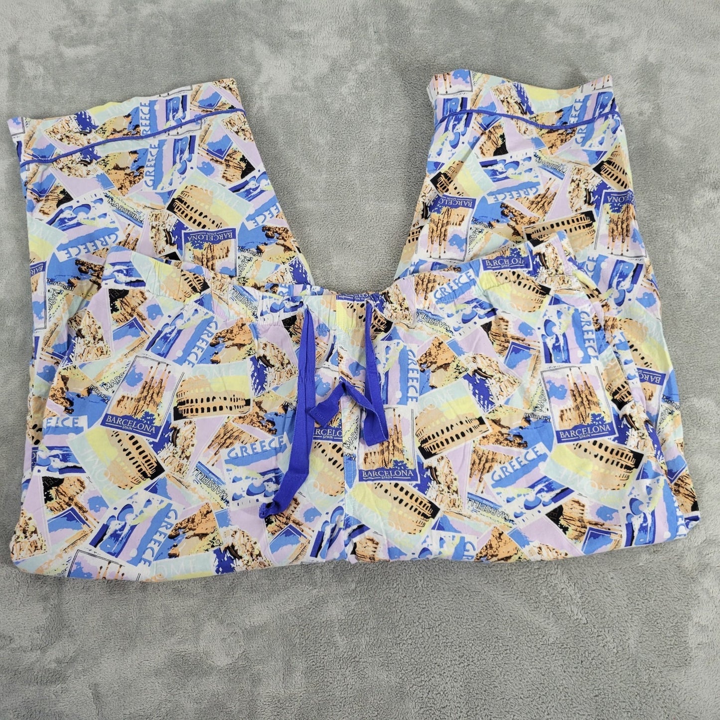 Joyspun Womens Pajama Pants XL Capri Drawstring Greece Barcelona Blue Comfy