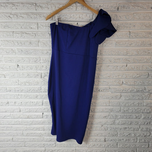 Mokoru Womens Dress XXL Plus One Shoulder Sheath Ruffle Sleeve Blue Party Zip Up