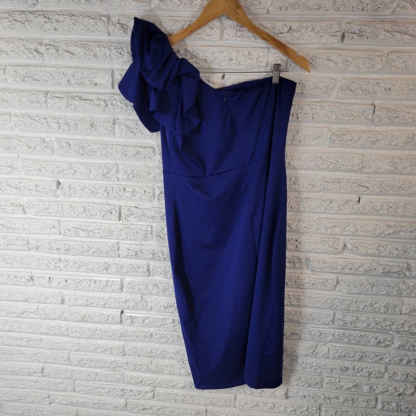 Mokoru Womens Dress XXL Plus One Shoulder Sheath Ruffle Sleeve Blue Party Zip Up