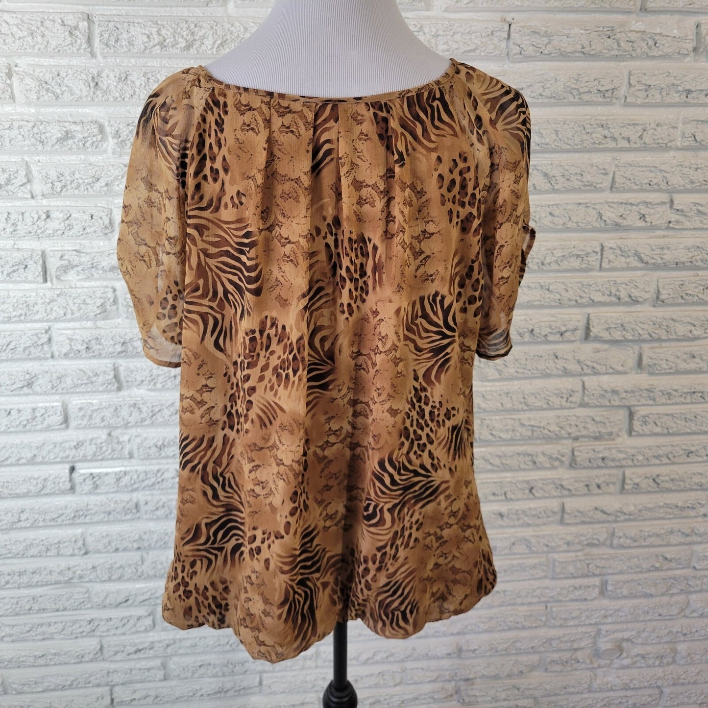 Roz Ali Womens Top 2X Plus Sheer Sleeve Brown Animal Print Polyester Pleated