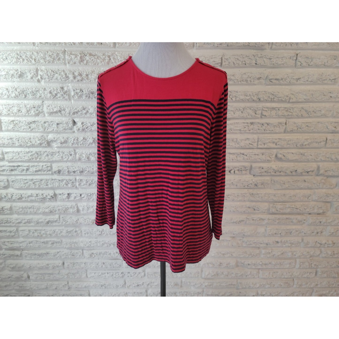 Chaps Womens Top Extra Large Tee Red Stripe Deco Buttons Stretch Casual Comfy