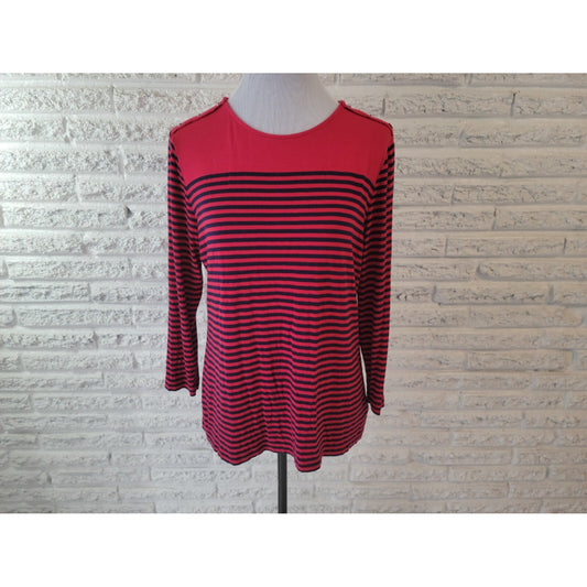 Chaps Womens Top Extra Large Tee Red Stripe Deco Buttons Stretch Casual Comfy
