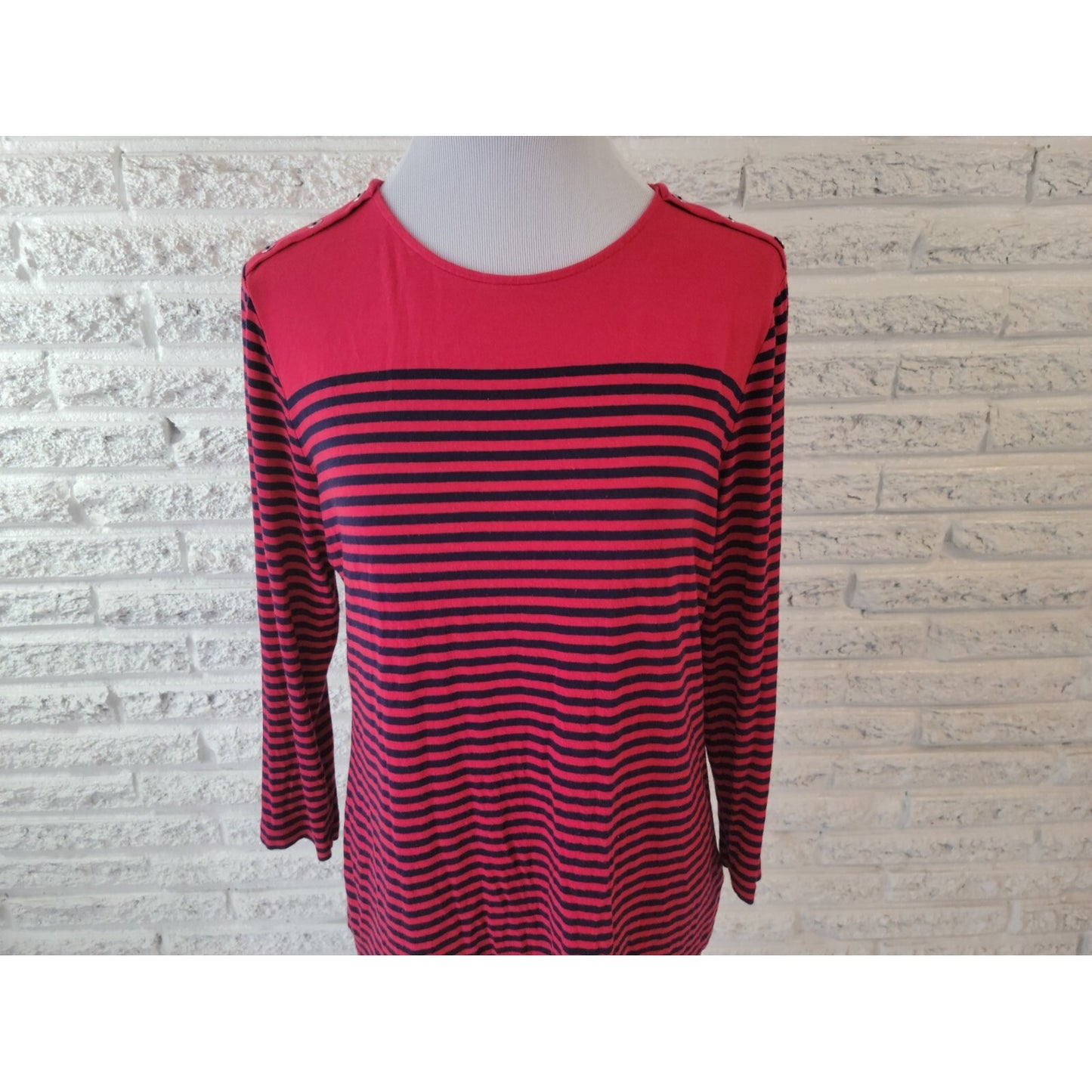 Chaps Womens Top Extra Large Tee Red Stripe Deco Buttons Stretch Casual Comfy