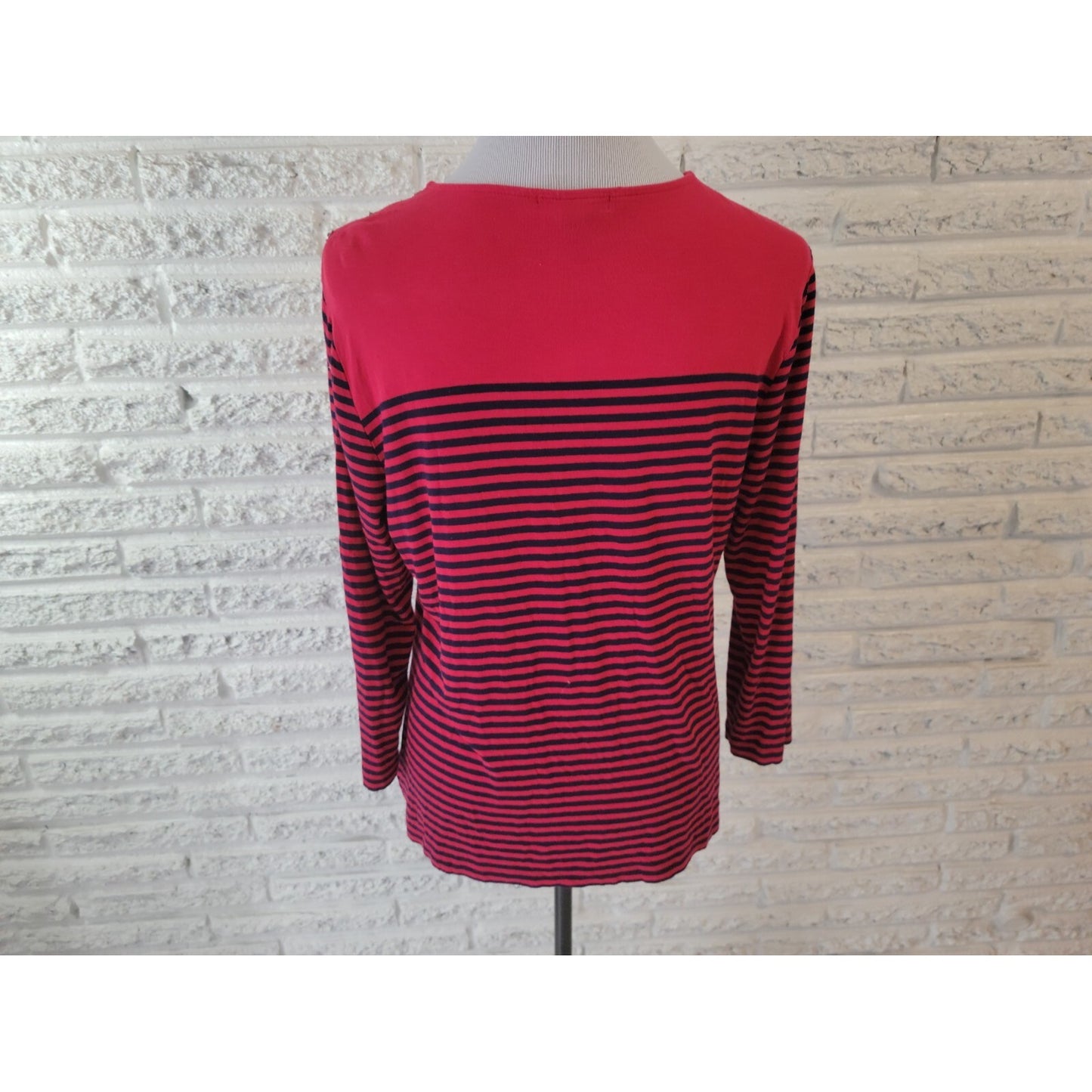 Chaps Womens Top Extra Large Tee Red Stripe Deco Buttons Stretch Casual Comfy