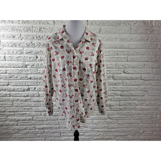 Cabin Creek Womens Top 16W Long Sleeve Red Floral Collar Cotton Blend Button Up