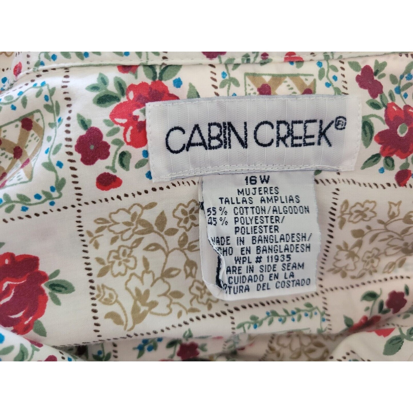 Cabin Creek Womens Top 16W Long Sleeve Red Floral Collar Cotton Blend Button Up