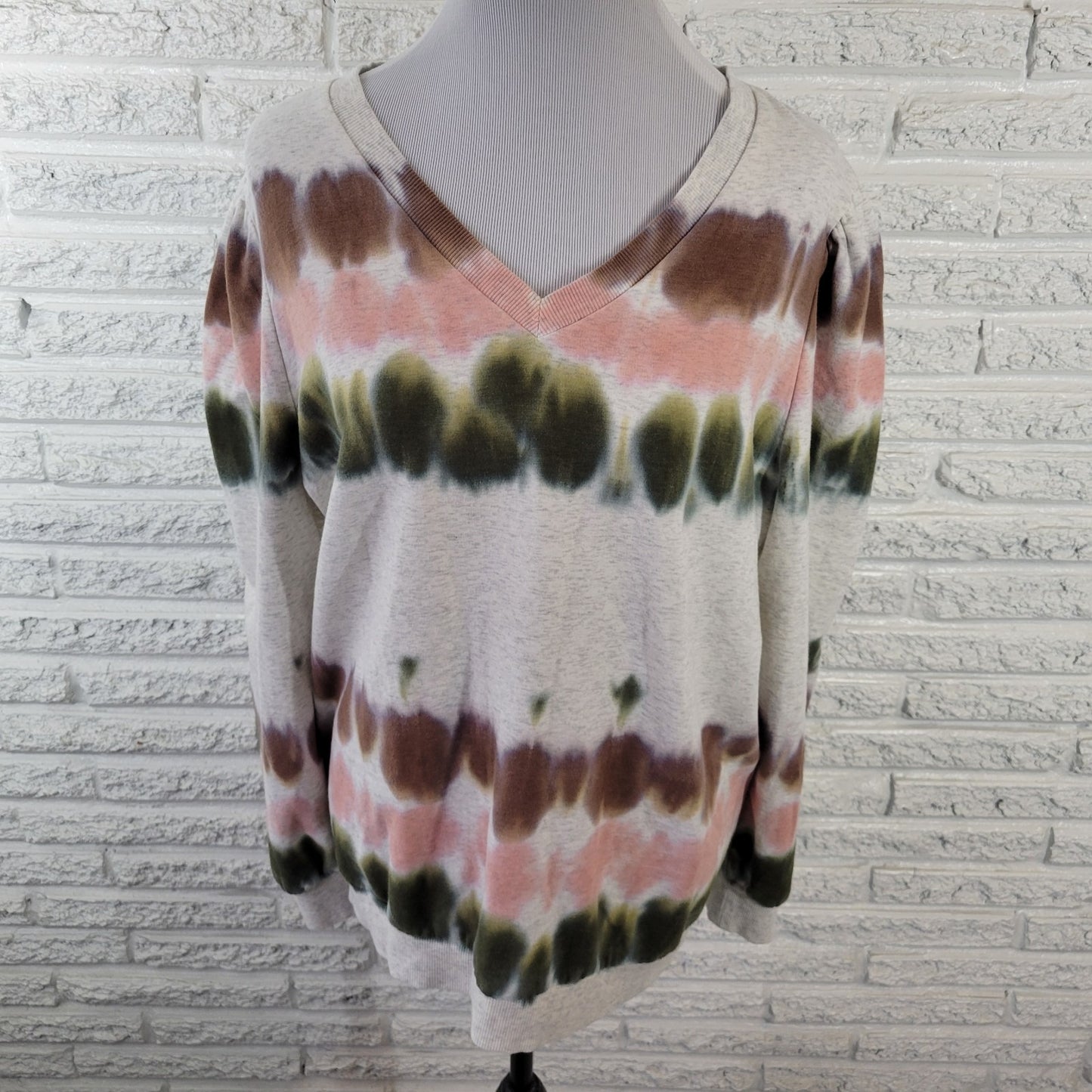 Knox Rose XXL Tie Dye Sweatshirt Green Brown V-Neck Pullover SWE131E