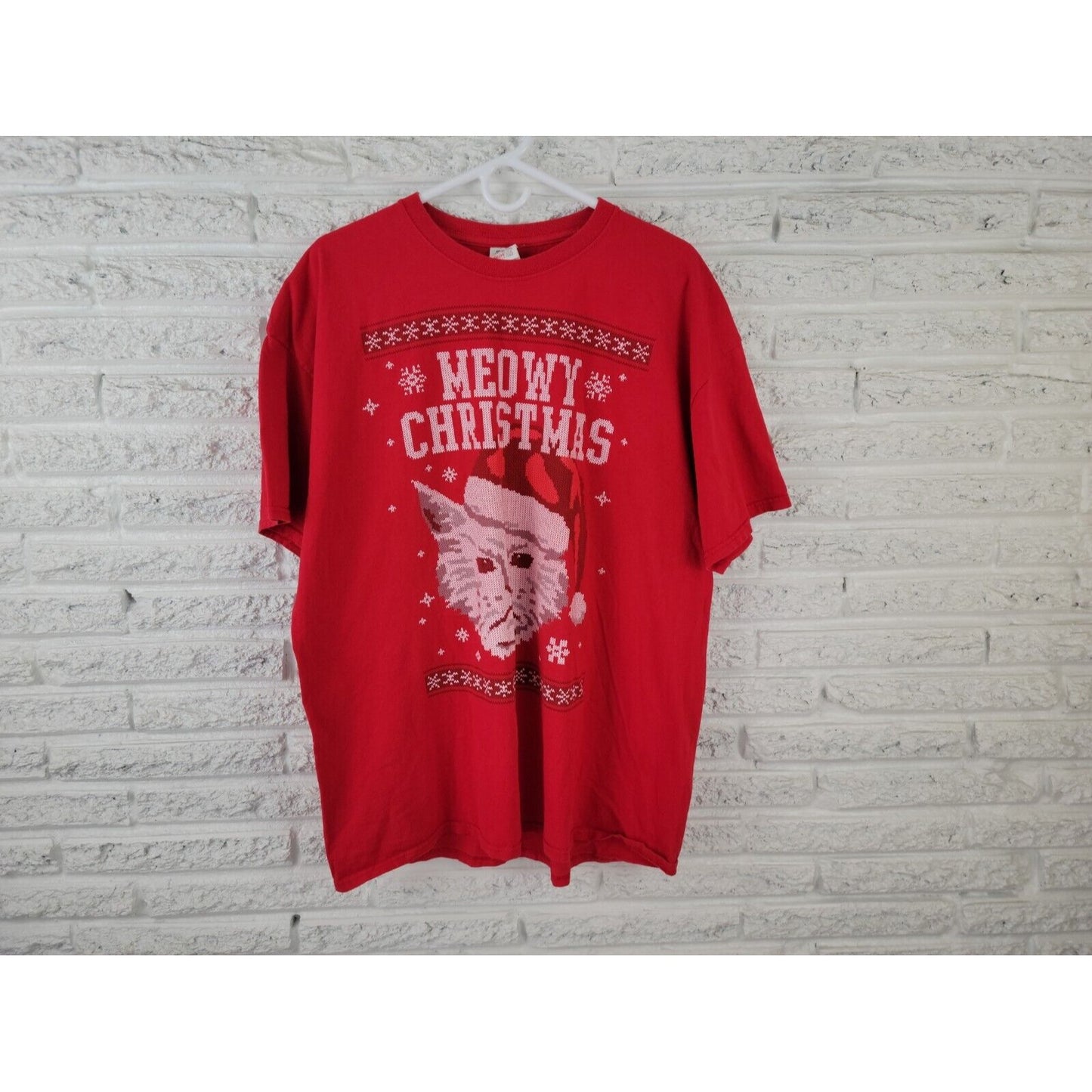Christmas Womens Shirt 2XL Plus Tee Meowy Cat Kitten Red Crew Neck Short Sleeve