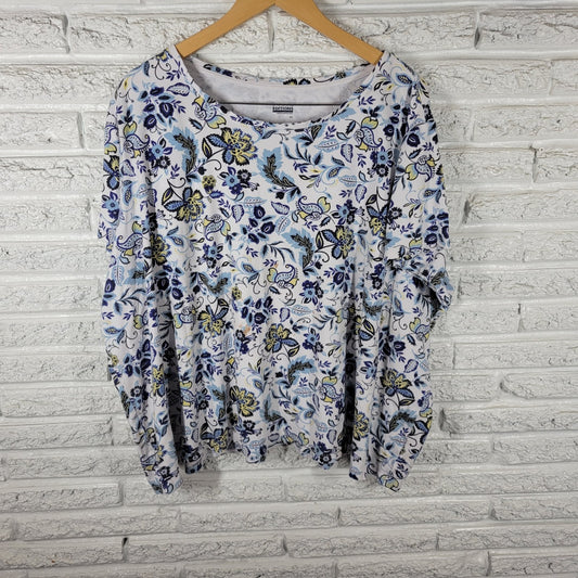Basic Editions Womens Top 4X Plus Tee Short Sleeve Blue Yellow Floral Cotton