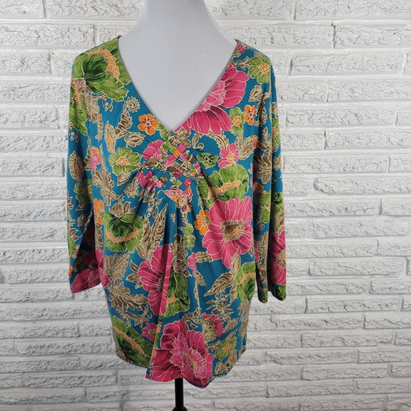 Caribbean Joe Womens Top 1X Plus 3/4 Sleeve Blue Pink Floral Woven Front Casual