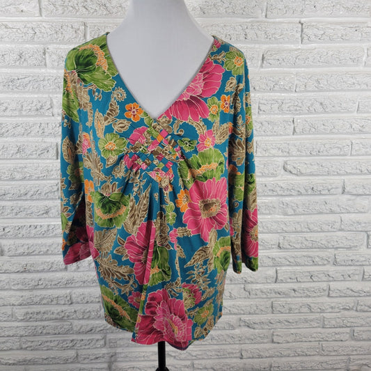 Caribbean Joe Womens Top 1X Plus 3/4 Sleeve Blue Pink Floral Woven Front Casual