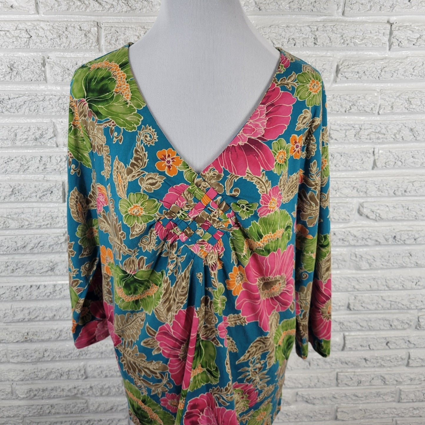 Caribbean Joe Womens Top 1X Plus 3/4 Sleeve Blue Pink Floral Woven Front Casual