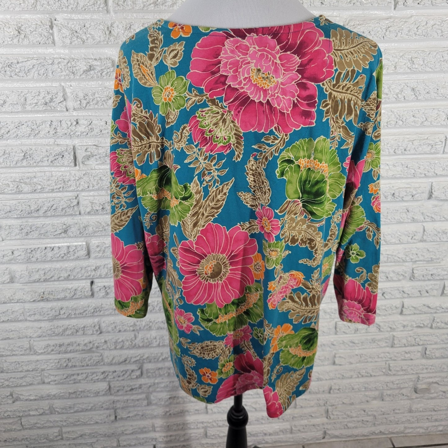 Caribbean Joe Womens Top 1X Plus 3/4 Sleeve Blue Pink Floral Woven Front Casual