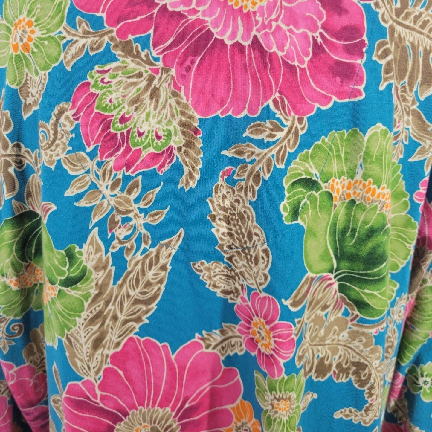 Caribbean Joe Womens Top 1X Plus 3/4 Sleeve Blue Pink Floral Woven Front Casual