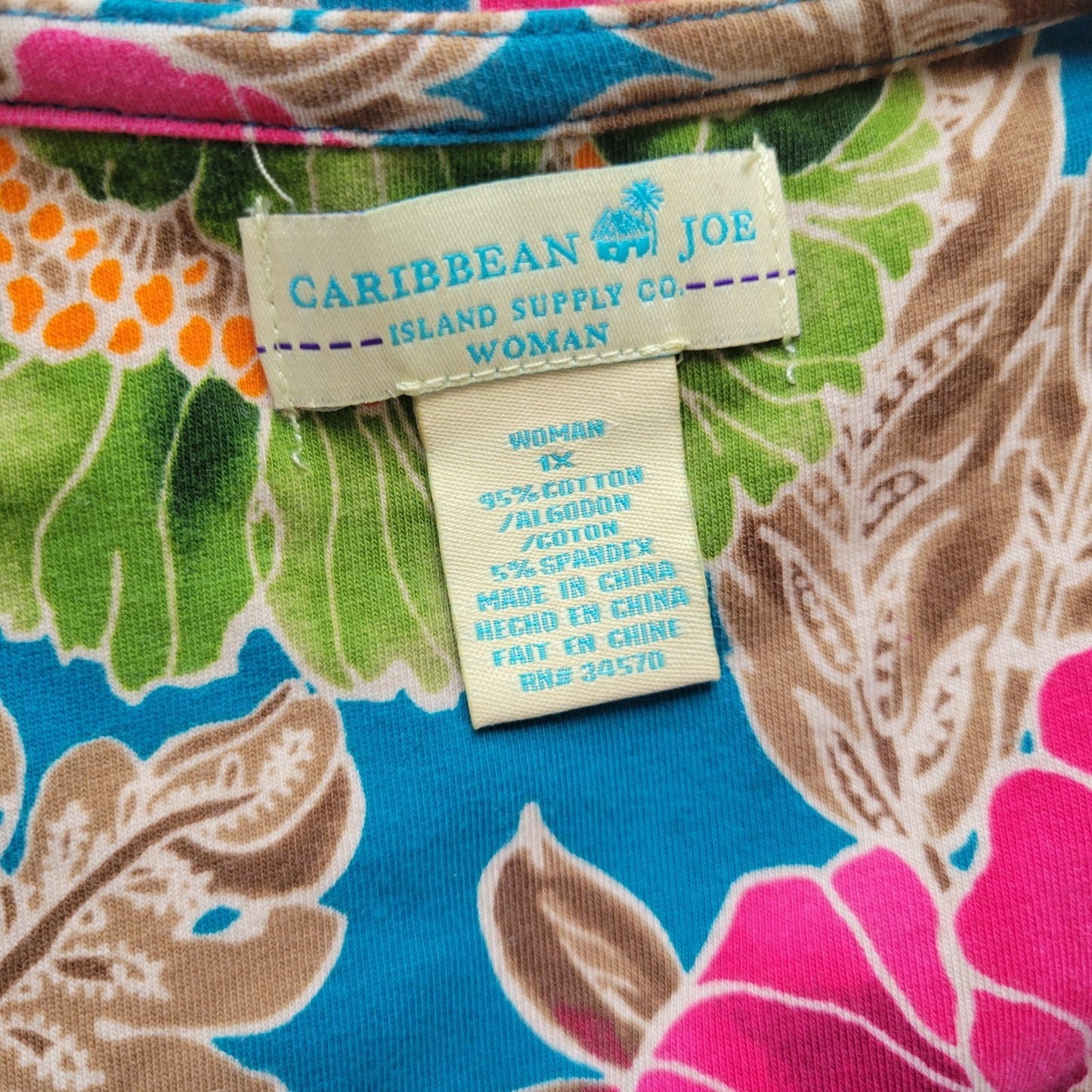 Caribbean Joe Womens Top 1X Plus 3/4 Sleeve Blue Pink Floral Woven Front Casual