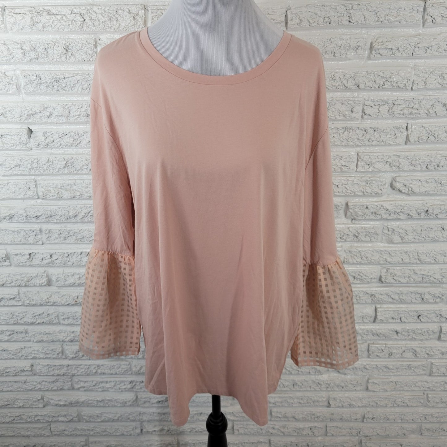 Maette Womens Top 1X Plus Tunic 3/4 Giant Chiffon Bell Sleeve Pink Cotton Blend